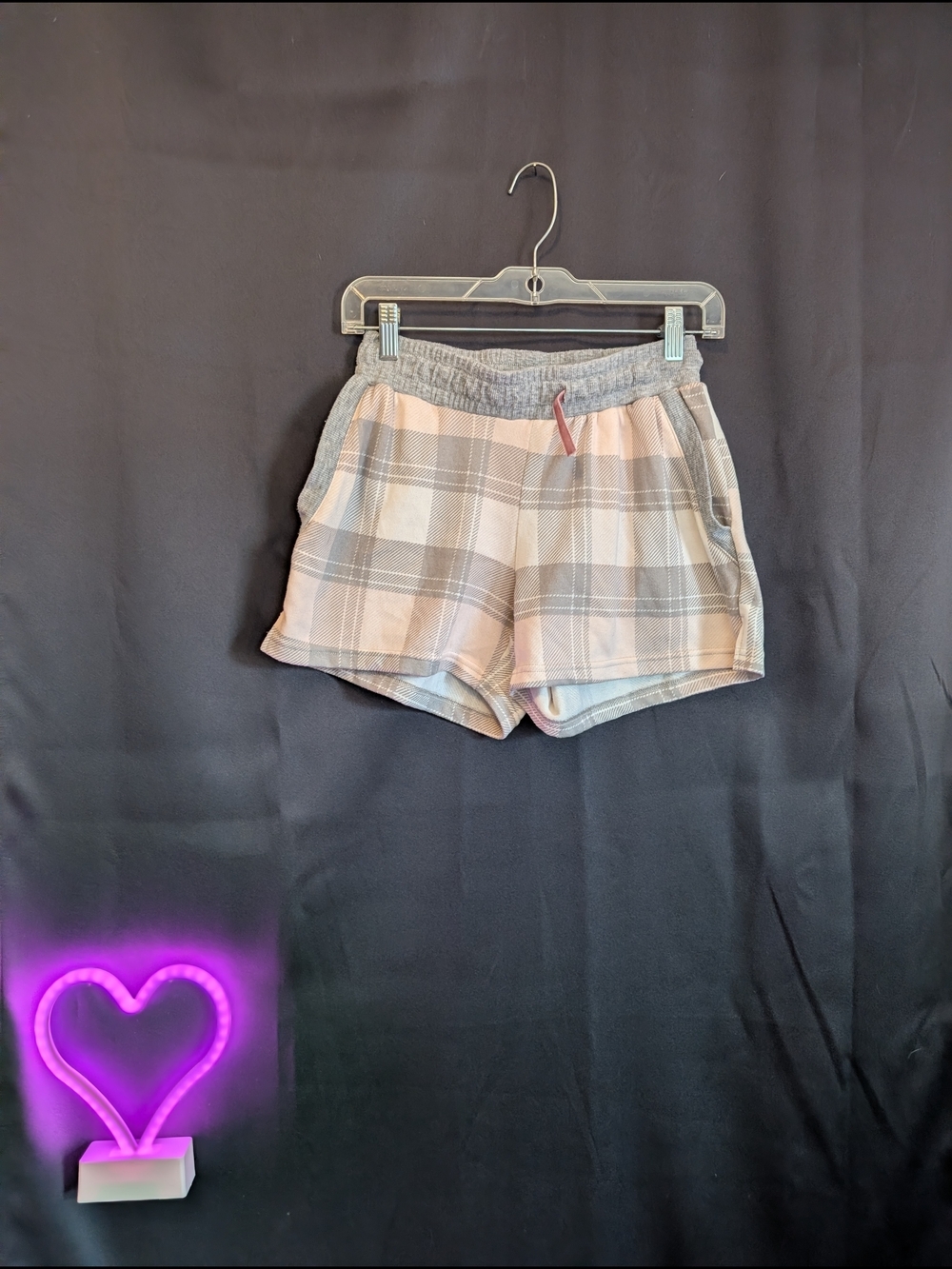 La Vie En Rose Pink and Gray Knit Loungewear Sleep Shorts Plaid Comfy Cotton